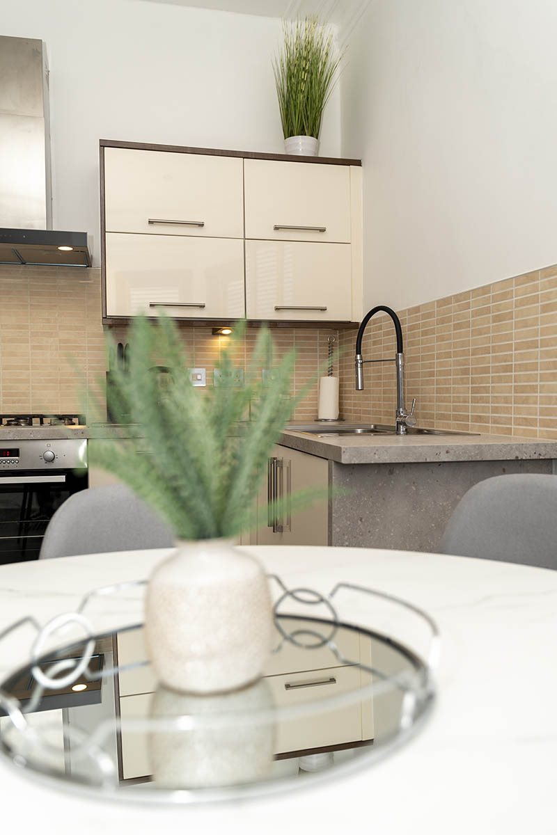 kitchen and dining area of three-bedroom serviced apartments in Aberdeen